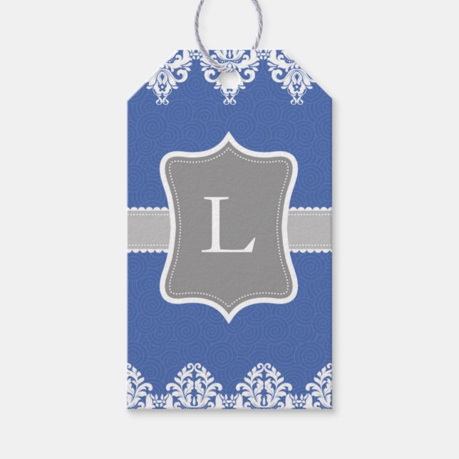Blue White Grey Wirbel Monogram Gift Tags Geschenkanhänger (Vorderseite)