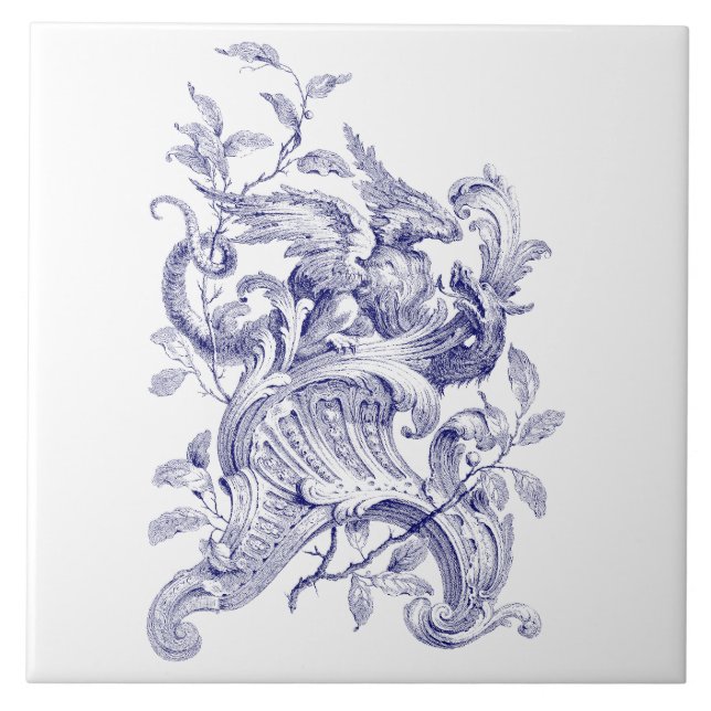 Blue & White Griffin auf Rocaille Baroque Rokoko Fliese (Vorderseite)