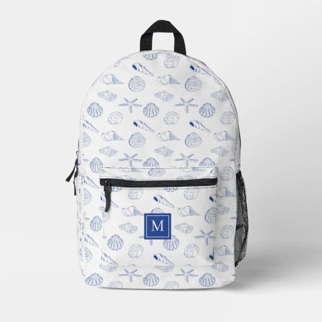 Blue White Hand Drawing Muscheln Beach Sommer Bedruckter Rucksack (Vorderseite)