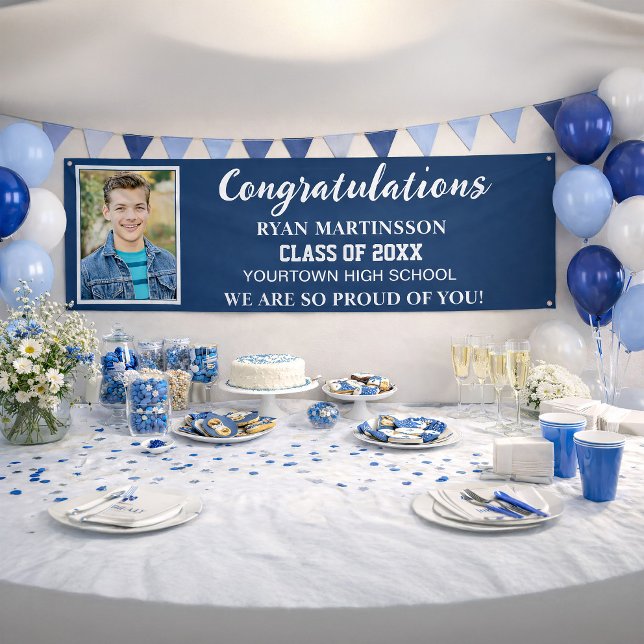 Blue White High School Uni-Abschluß Foto Banner (Blue and white graduation party photo banner)