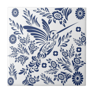Blue & White Hummingbird Mexican Floral Talavera Fliese