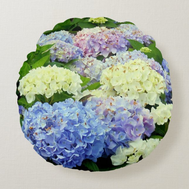 Blue-White-Hydrangea Blume-ROUND PILLOW Rundes Kissen (Vorderseite)
