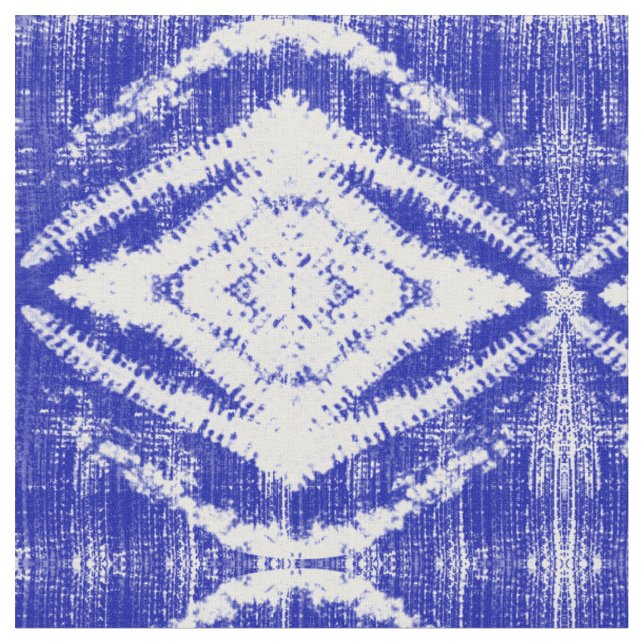 Blue White Ikat Tribal Diamond Muster Stoff (Nahaufnahme)