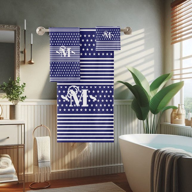 Blue White Independence Day Star & Strip Monogramm Badhandtuch Set (Blue White Independence Day Star & Stripe Monogram Bath Towel Set)