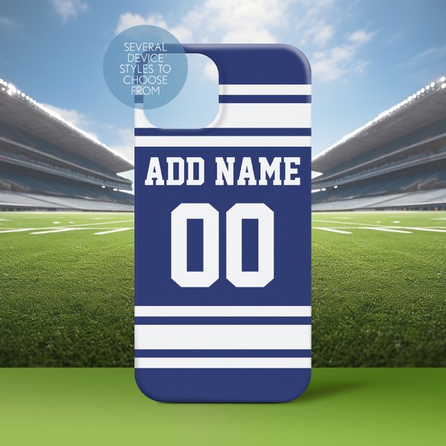 Blue White Jersey Streifen mit Name und Nummer Case-Mate iPhone Hülle (Personalized Phone Case with a Football Jersey Stripe Design)