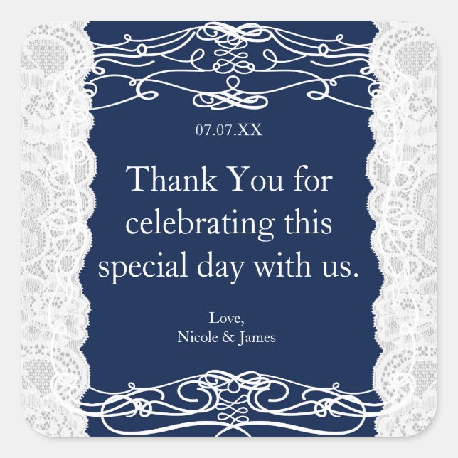 Blue & White Lace Elegante Wedding Favor Stickers (Vorderseite)