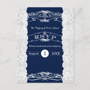Blue & White Lace Elegante Wedding RSVP Card Einladungspostkarte
