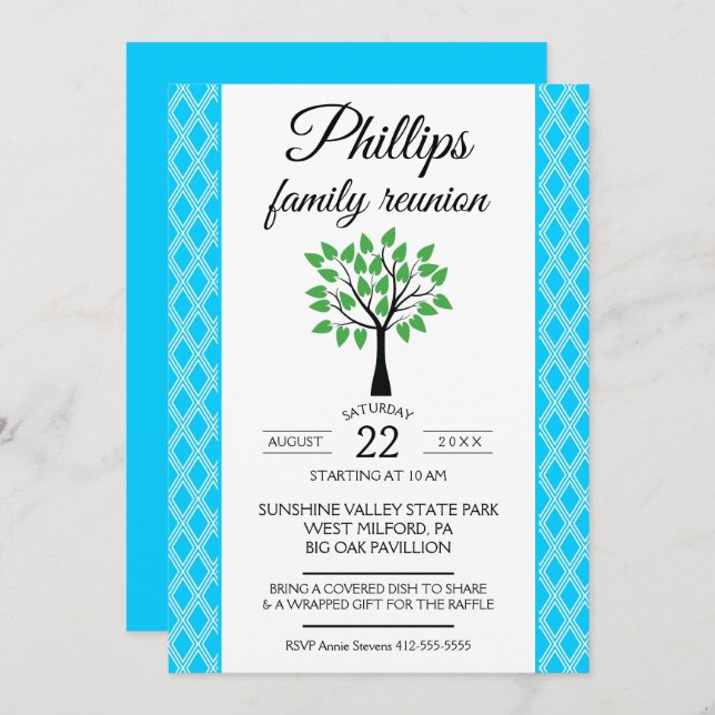 Blue & White Lattice Familienankündigung Wiederseh Einladung (Vorne/Hinten)