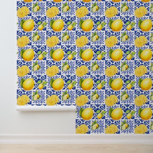 Blue White Lemon Pattern Mediterranean Citrus Tapete (Anwendung)