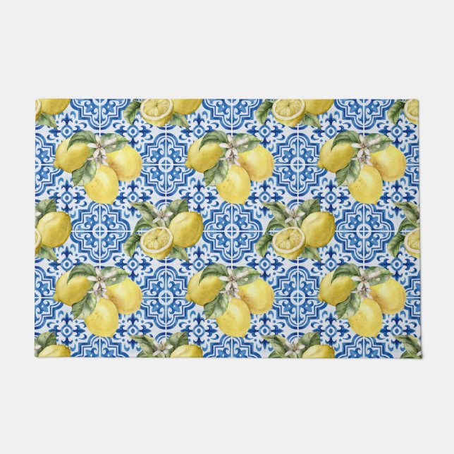 Blue White Lemon Tile Mediterranean Pattern Fußmatte (Vorderseite)