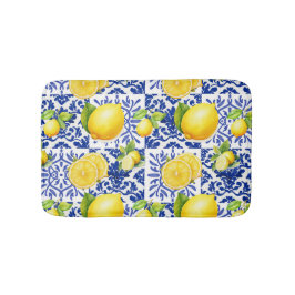 Blue White Lemon Tile Pattern Mediterranean Citrus Badematte