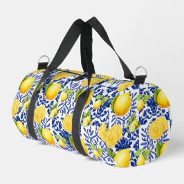 Blue White Lemon Tile Pattern Mediterranean Citrus Duffle Bag