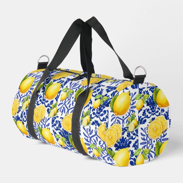 Blue White Lemon Tile Pattern Mediterranean Citrus Duffle Bag (Linke Seite)
