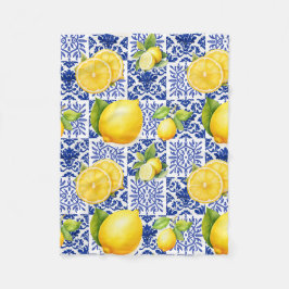 Blue White Lemon Tile Pattern Mediterranean Citrus Fleecedecke