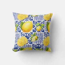 Blue White Lemon Tile Pattern Mediterranean Citrus Kissen