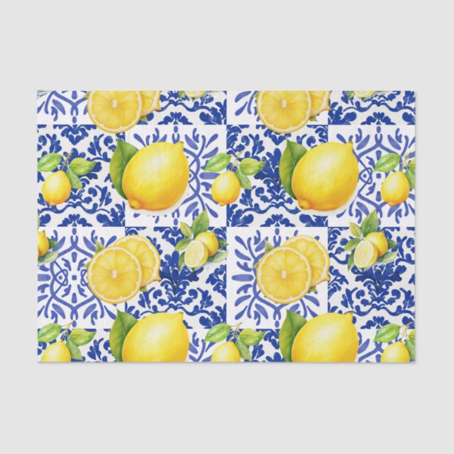 Blue White Lemon Tile Pattern Mediterranean Citrus Seidenpapier (Vorderseite)