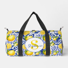 Blue White Lemon Tile Pattern Monogram Name Citrus Duffle Bag