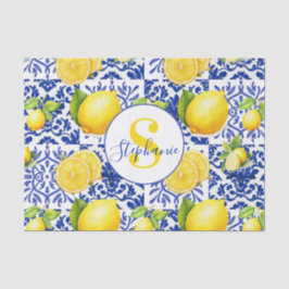Blue White Lemon Tile Pattern Monogram Name Citrus Seidenpapier