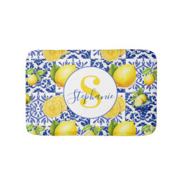Blue White Lemon Tile Pattern Name Monogram Citrus Badematte