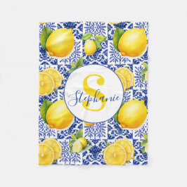 Blue White Lemon Tile Pattern Name Monogram Citrus Fleecedecke