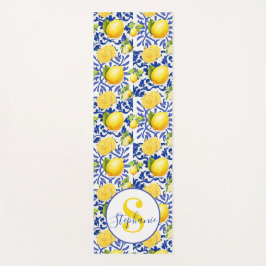 Blue White Lemon Tile Pattern Name Monogram Citrus Yogamatte