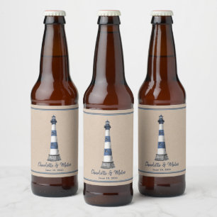 Blue White Lighthouse Border Kraft Wedding Bierflaschenetikett