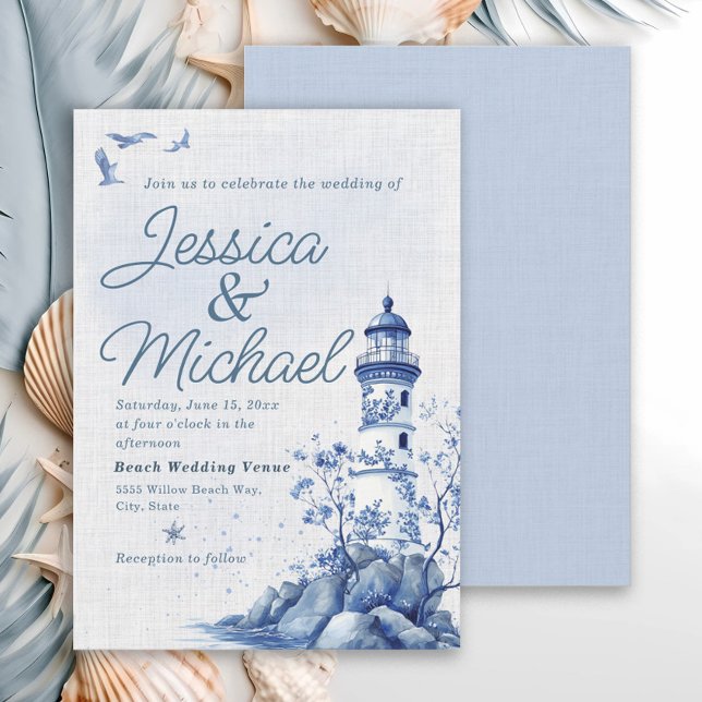 Blue White Lighthouse Coastal Beach Wedding  Einladung (Blue and white lighthouse/nautiical/beach wedding invitation)