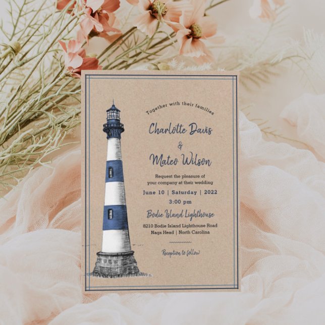 Blue White Lighthouse Kraft Wedding Einladung (Von Creator hochgeladen)