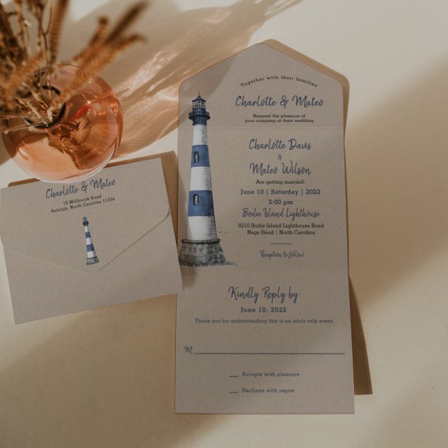 Blue White Lighthouse Kraft Wedding Einladung (Von Creator hochgeladen)