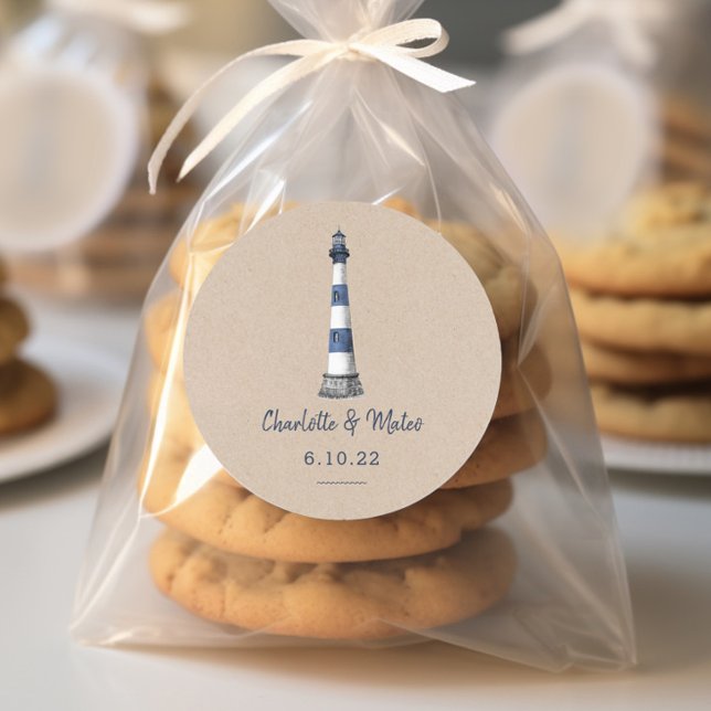 Blue White Lighthouse Kraft Wedding Runder Aufkleber (Von Creator hochgeladen)