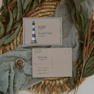 Blue White Lighthouse Wedding RSVP Postcard Postkarte