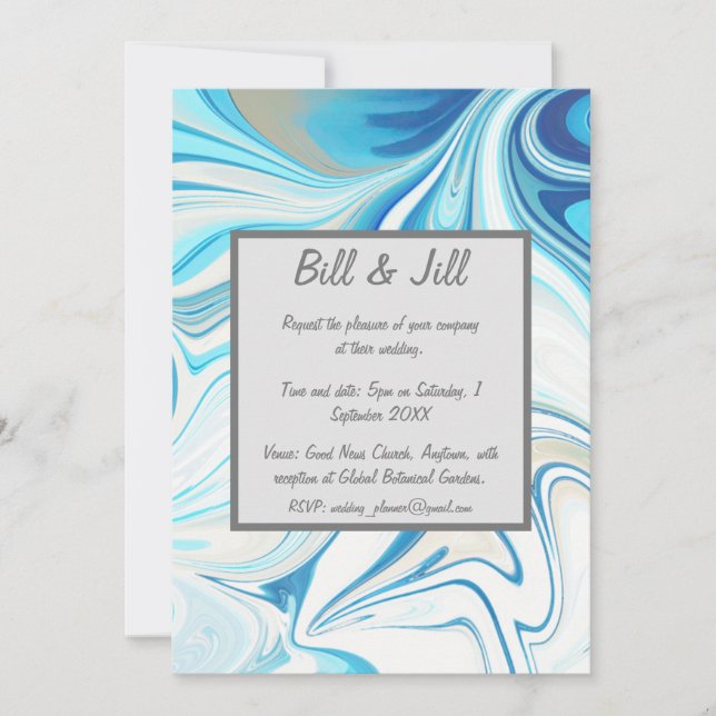 Blue White Liquid Marble Wedding Einladung (Vorderseite)