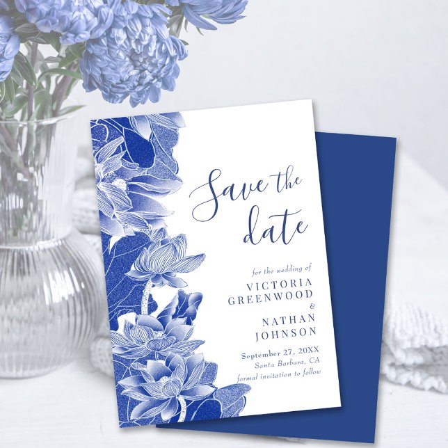 Blue White Lotus Floral Chinoiserie Save the Date (Von Creator hochgeladen)