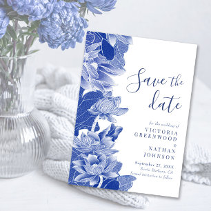 Blue White Lotus Floral Chinoiserie Save the Date Magnetkarte
