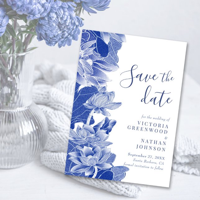 Blue White Lotus Floral Chinoiserie Save the Date Magnetkarte (Von Creator hochgeladen)