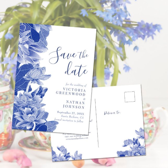 Blue White Lotus Floral Chinoiserie Save the Date Postkarte (Von Creator hochgeladen)