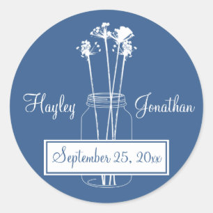 Blue White Mason Jar Save the Date Round Stickers