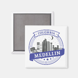 Blue White Medellin Colombia Cityscape Logo Magnet
