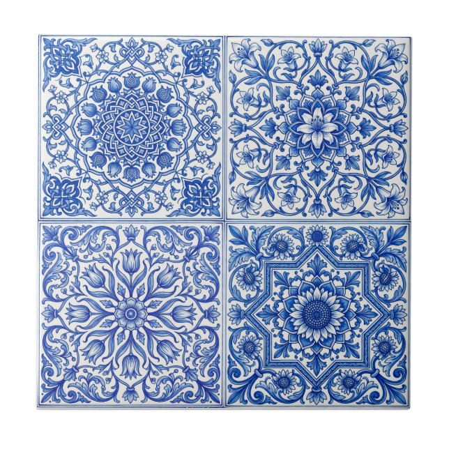 Blue White Mediterranean Tile Botanical Pattern Fliese (Vorderseite)