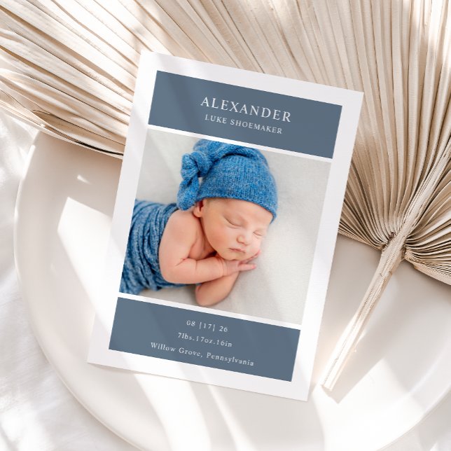 Blue White Minimalist Photo Baby Announcement Card Einladung (Von Creator hochgeladen)