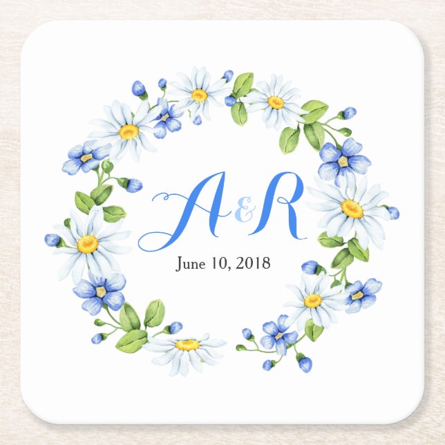 Blue White Monogram Daisy Floral Wedding Rechteckiger Pappuntersetzer (Vorderseite)