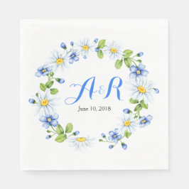 Blue White Monogram Daisy Floral Wedding Serviette