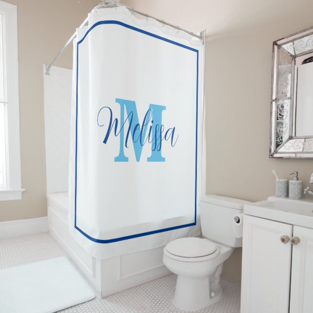 Blue White Monogram Initial Individuelle Name Eleg Duschvorhang (Beispiel)
