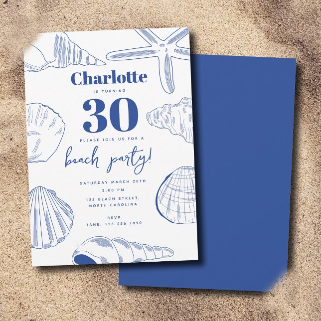 Blue White Muscheln Beach Summer Birthday Party Einladung (Blue White Sea Shells Beach Summer Birthday Party Invitation)