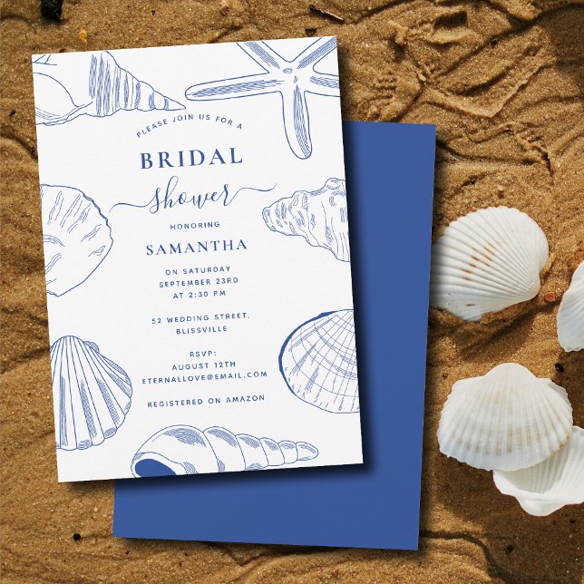 Blue White Muscheln Beach Summer Brautparty Einladung (Blue White Sea Shells Beach Summer Bridal Shower Invitation)