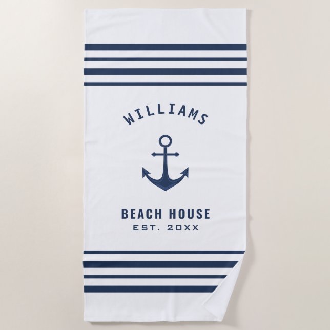 Blue White Nautic Family Name Beach House Strandtuch (Vorderseite)