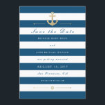 Blue White Nautic Save the Date Flat Foto Card<br><div class="desc">Passen Sie diese stilvolle moderne Nautical Wedding an. Speichern Sie die vertikale Date-Flachkarte. Blau-weiß gestreiftes Design, vollständig anpassbar und Set als Vorlage für Ihre einfache Anpassung mit Ihrem bevorzugten Foto auf der Rückseite. Feines, modernes Design mit goldenem Anker in den Imitaten. Die dunkelblaue Farbe der Streifen ist anpassbar und kann...</div>