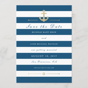 Blue White Nautic Save the Date Flat Foto Card