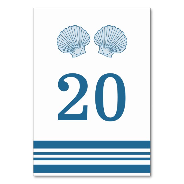 Blue White Nautic Seashells Table Card Tischnummer (Vorderseite)