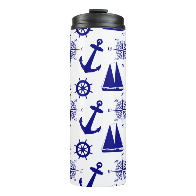 Blue White Nautical Coastal Boating Thermosbecher (Vorderseite)